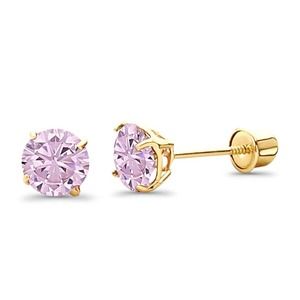 Solid 14K Yellow Gold Light Purple CZ Stud Earrings w/ Screw Back 5mm